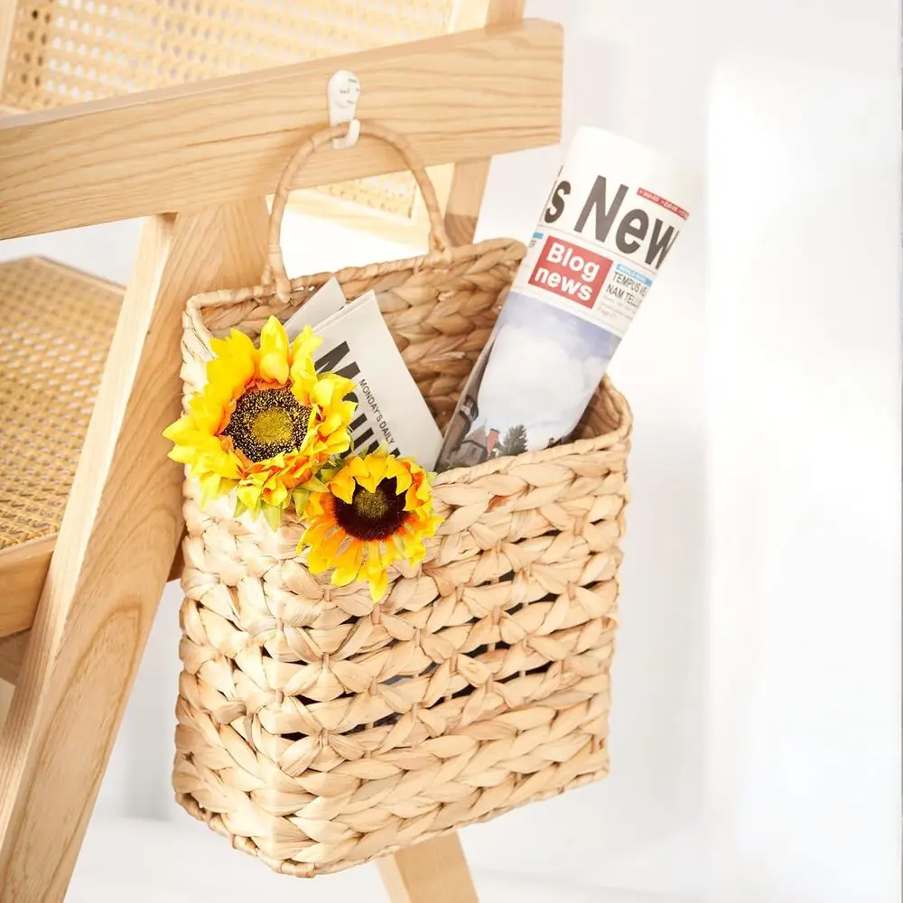 Outdoor Wall Hanging Basket - Woven Water Hyacinth, 11x9x4.5 Inch, Door Organizer for Plants and Mail, Storage Decor