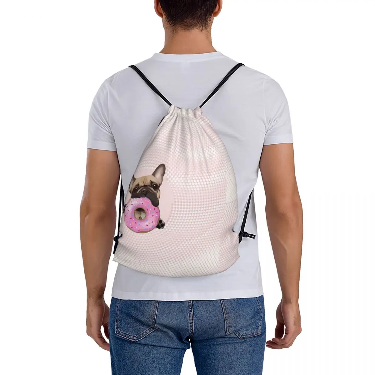 Amanti del Bulldog francese, dolce Frenchie con ciambelle rosa zaini borse con coulisse borsa per articoli vari borse per libri per uomo donna studenti