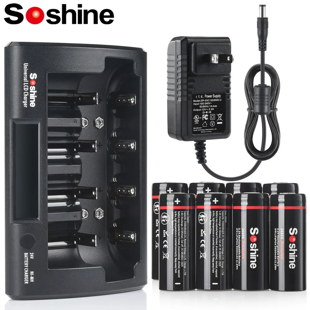 Soshine 3500mAh Rechargeable Battery with Protected 3.2V 26650 3500mAh LiFePO4 Battery 12V 2A LCD Ni-MH Li-ion LiFePO4 Charger