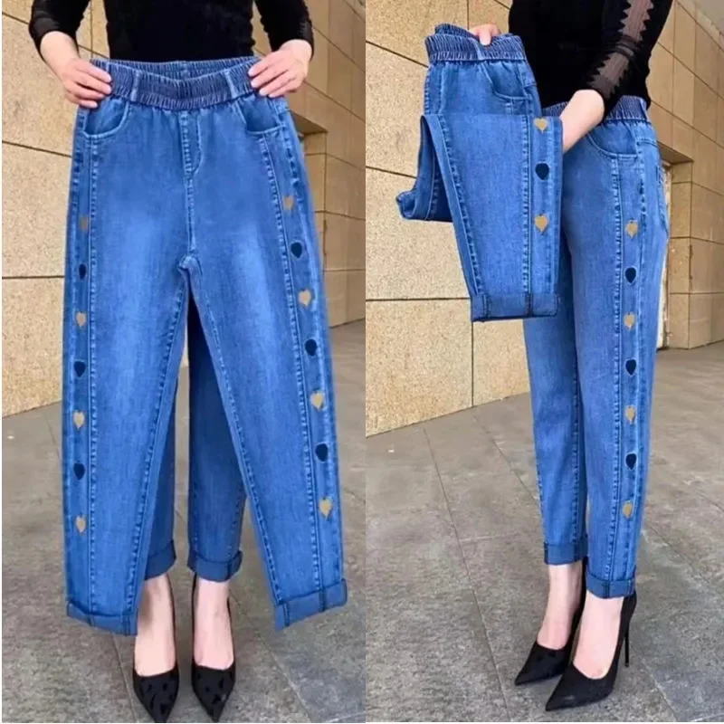 WinterEmbroidery Jeans Women\'s  Elastic High Waist Jeans 5XL FashionWomen Black Blue Pocket Mom Jeans Skinny Stretch Pants Women