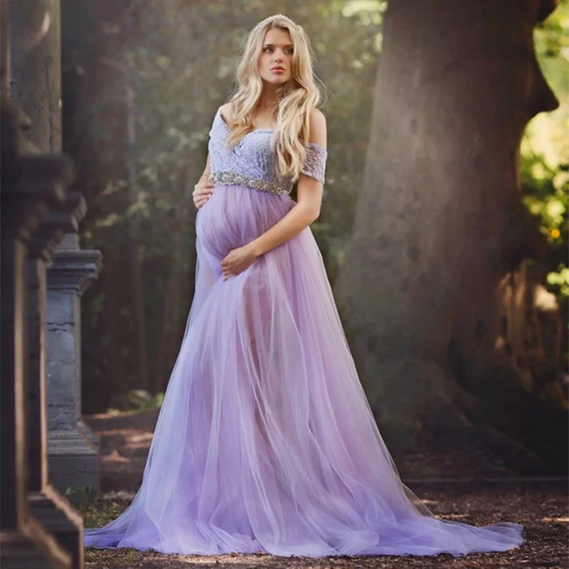 

One Line Collar Lace Mesh Maternity Photography Dresses Pregnancy Shoot PhotoTrailing skirt Sexy Daily Pregnant Women's Clothing