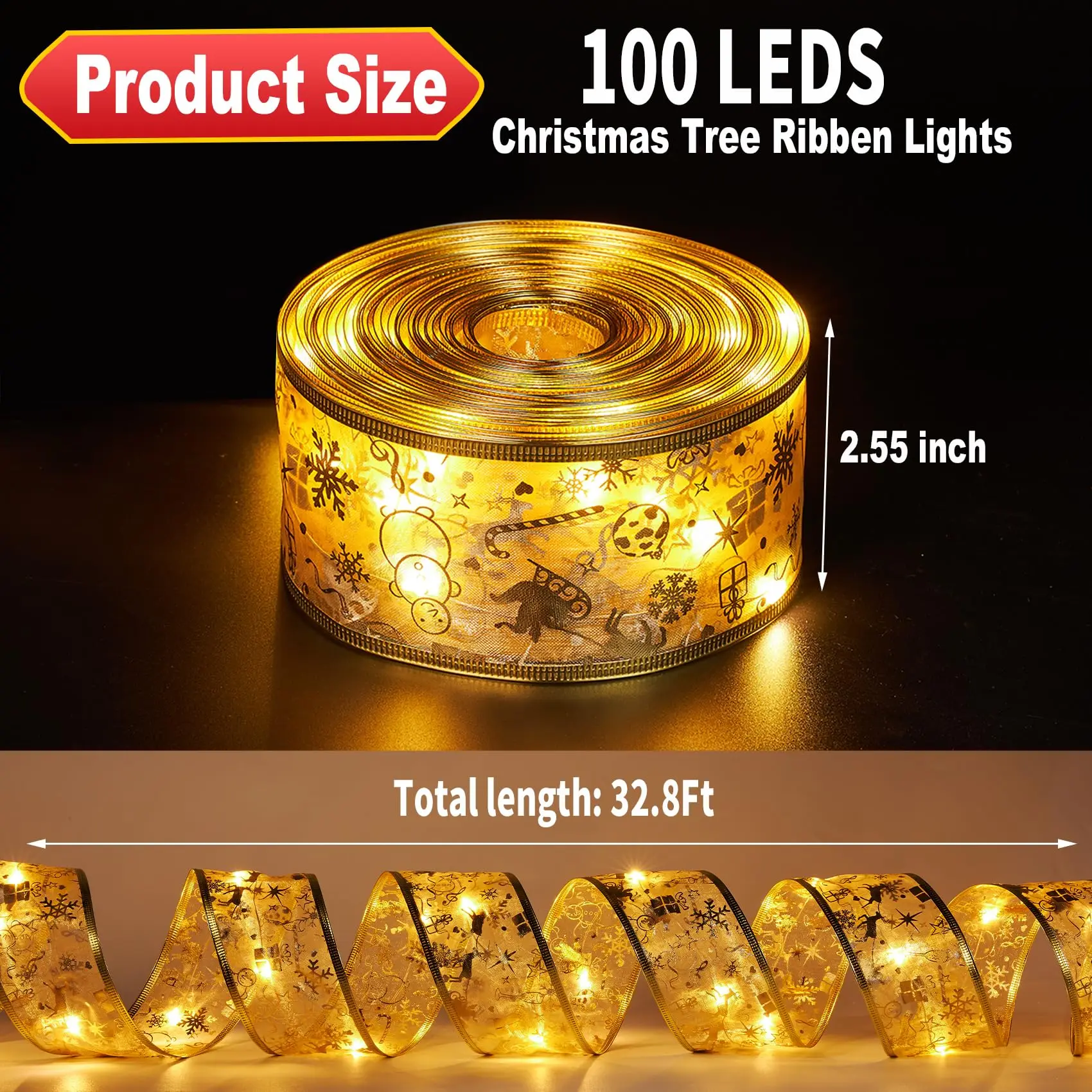 Decoraciones para árboles de Navidad, cinta de luces Led de 2,5 pulgadas x 32,8 pies para fiestas, 100