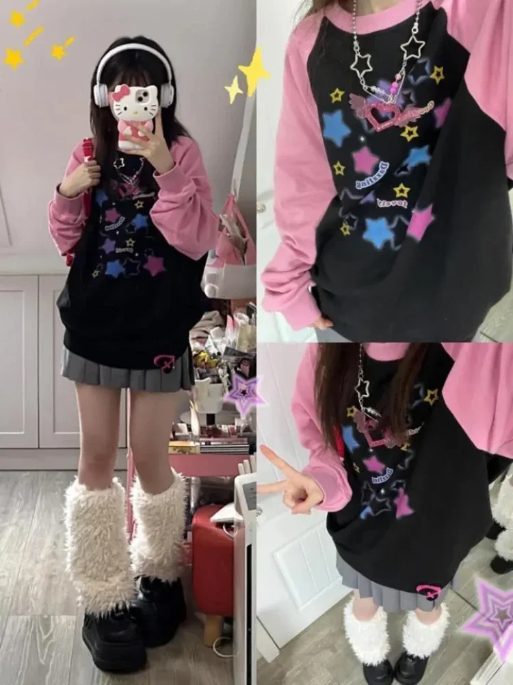 ADAgirl Women Star Graphic Hoodies Y2K Aesthetic Raglan Sleeve Sweatshirt E-girl Oversized Harajuku Tops Cutecore Kawaii Clothes