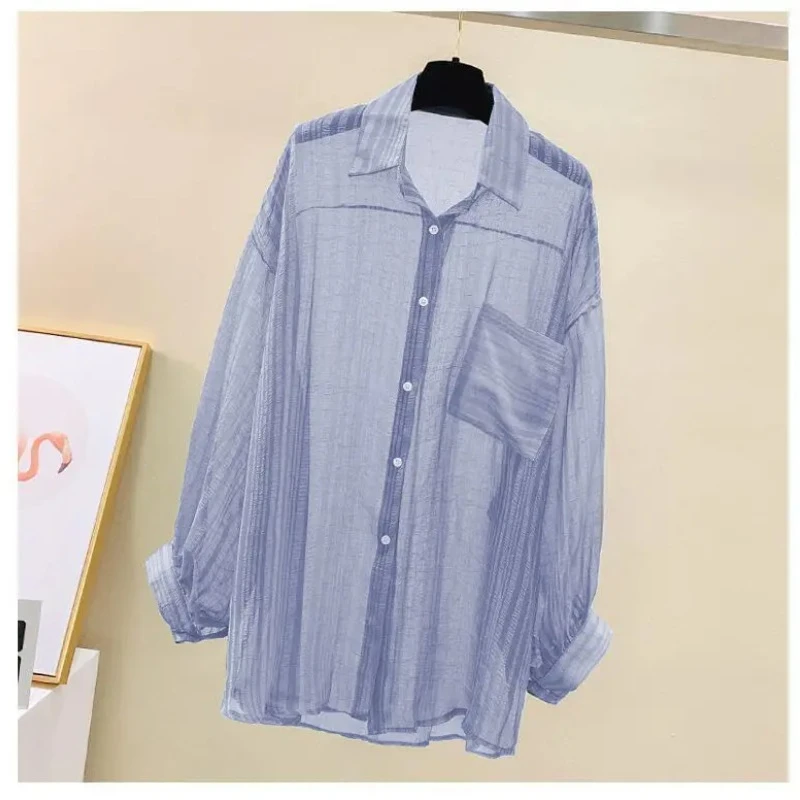 Camicetta da donna elegante in chiffon con protezione solare trasparente a maniche lunghe, camicia allentata alla moda coreana, cardigan da spiaggia estivo da donna