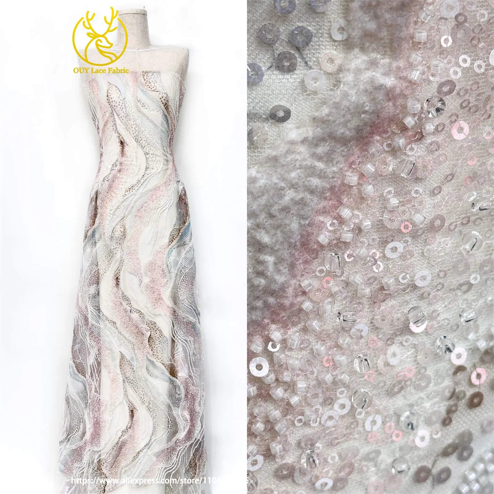 Neueste französische Damen Party Abendkleider Luxus Spitzenstoffe Hochwertige afrikanische Bräutigam Perlen Pailletten Tüll Spitzenstoffe – Detail 6