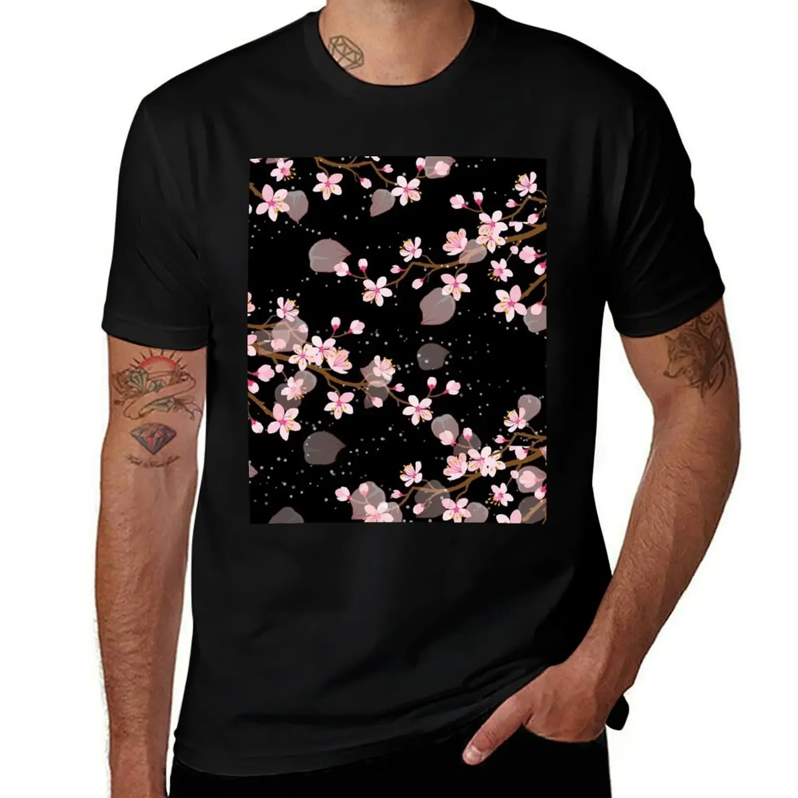 White and Pink Japanese Cherry Blossom Floral Seamless Repetition pattern on Black T-Shirt