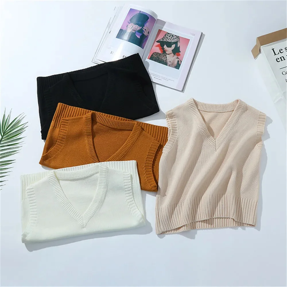 

Women's Fashion Winter Knitted Sweater V-Neck Pullover Vest Sleeveless Casual Loose Top Jumper All-match Female Clothing
