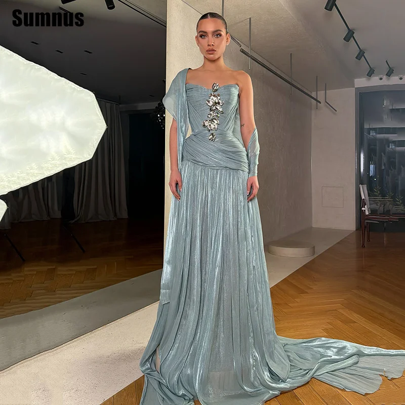 

Sumnus Elegant A-Line Evening Dresses Sky Blue Strapless Pleats Formal Dress Without Accessory فساتين سهرة Customized