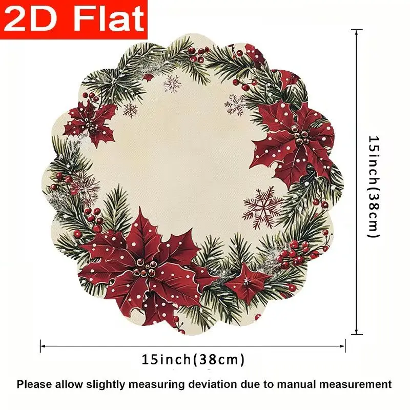 Round Wave Lace Poinsettia Pine Branch Christmas Placemat, Wear-Resistant Plate Mat, Home Dining Table Decoration Placemat