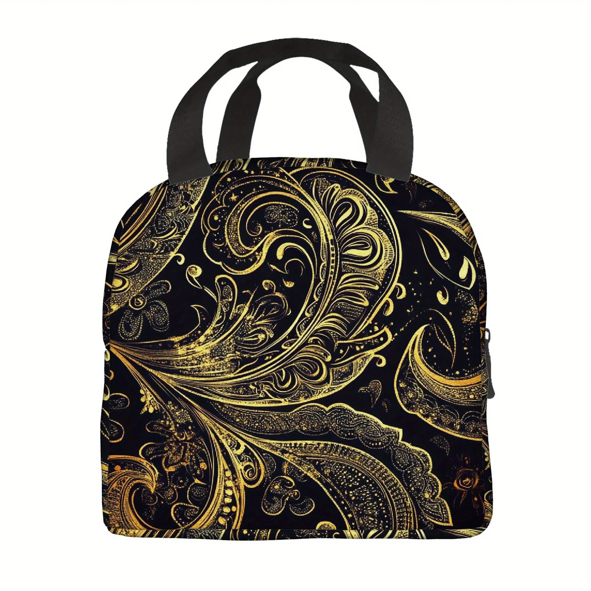Golden Paisley Black Print Insulated Lunch Bag Oxford Portable Reusable for Office Picnic Unisex