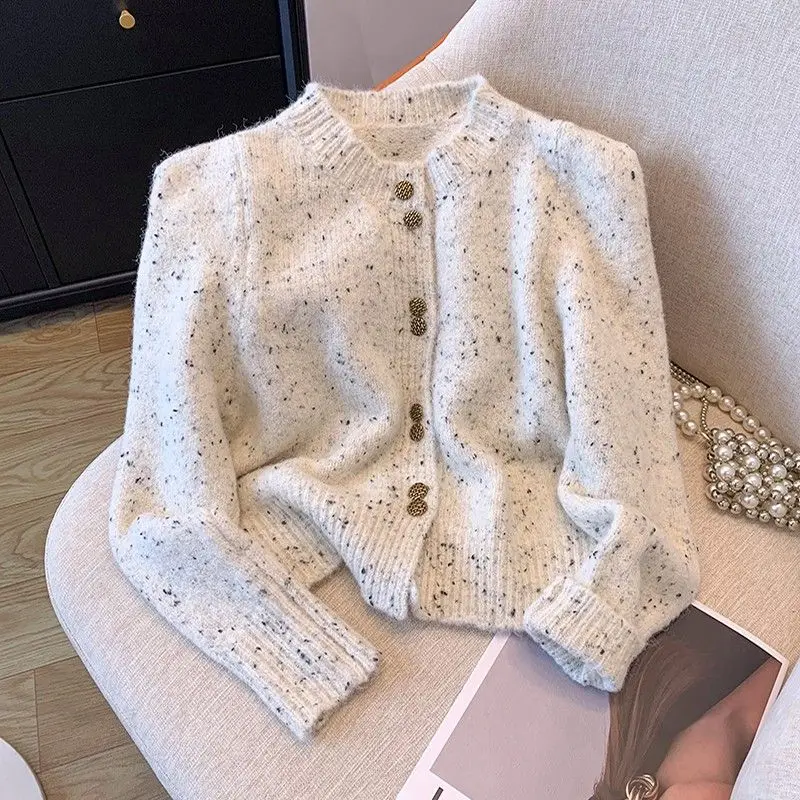 French High-quality Color Matching Sweater O-neck Vintage Chic Long-sleeved Knitted Cardigan Sweater Jacket Women Korean Fashion