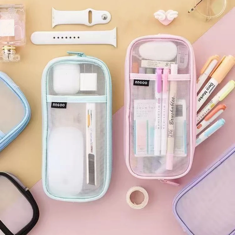 Transparent Net Fabric Pencil Bag Compact and Simple desktop Storage Bag Multi-functional School Supplies and Stationery Bag