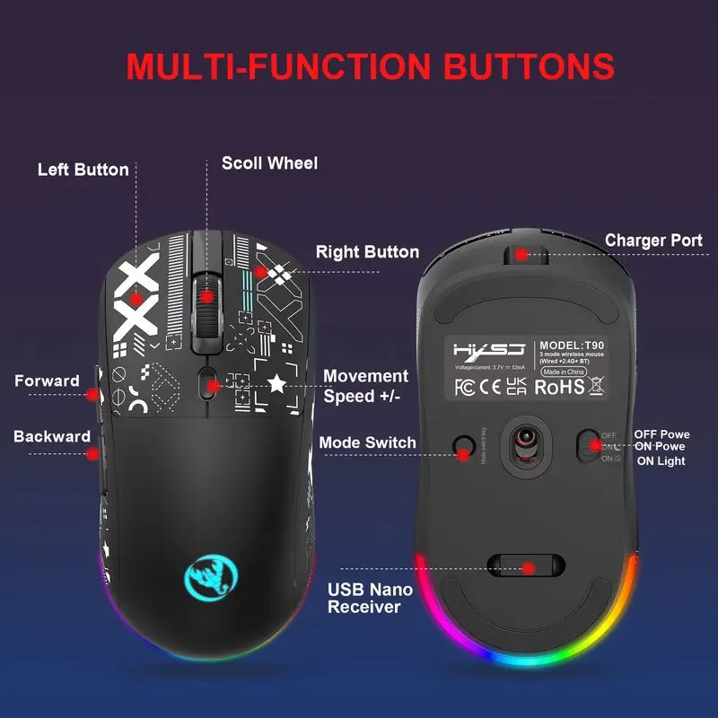 New Bluetooth Gaming Mouse Tri-Mode Rechargeable 2.4G USB RGB Backlight Mouse For Pad Tablet Laptop Computer Office Gamer Mouse