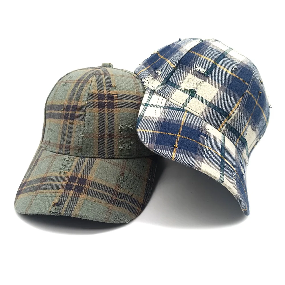 Spring Autumn New Broken Hole Hat Classic Plaid Baseball Cap Men Women Hardtop Face Enhancing Small Duckbill Cap Sunscreen Cap