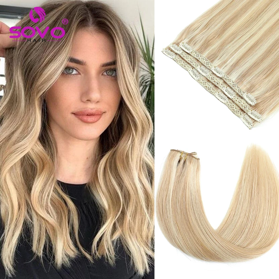 SOVO-Clip em extensões de cabelo, cabelo humano natural real, osso reto, extensão do cabelo europeu, 60G, 14 "-20", 3 pcs