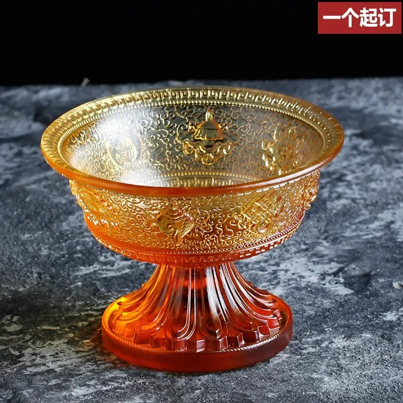 Chinese Zen Glazed Glass Serving Cup Colorful Blue Green Bowl Buddhist Eight Auspicious Symbols Home Decor Tea Ware Gift