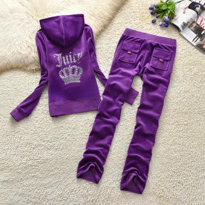 JUICY COMETURE Velvet Tracksuit Women Suit 2025 New Winter Warm Suit Women\'s Hooded Sweatshirt + Casual Velvet Pants 2pc