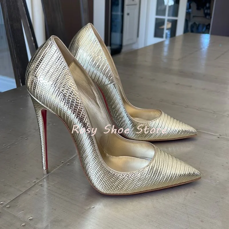 

Gold Wave Scale Snake Pattern Leather Texture Pumps Sexy Wrapped Pointed Toe Stiletto Slip On Pumps Lady Office Fashion Shoes