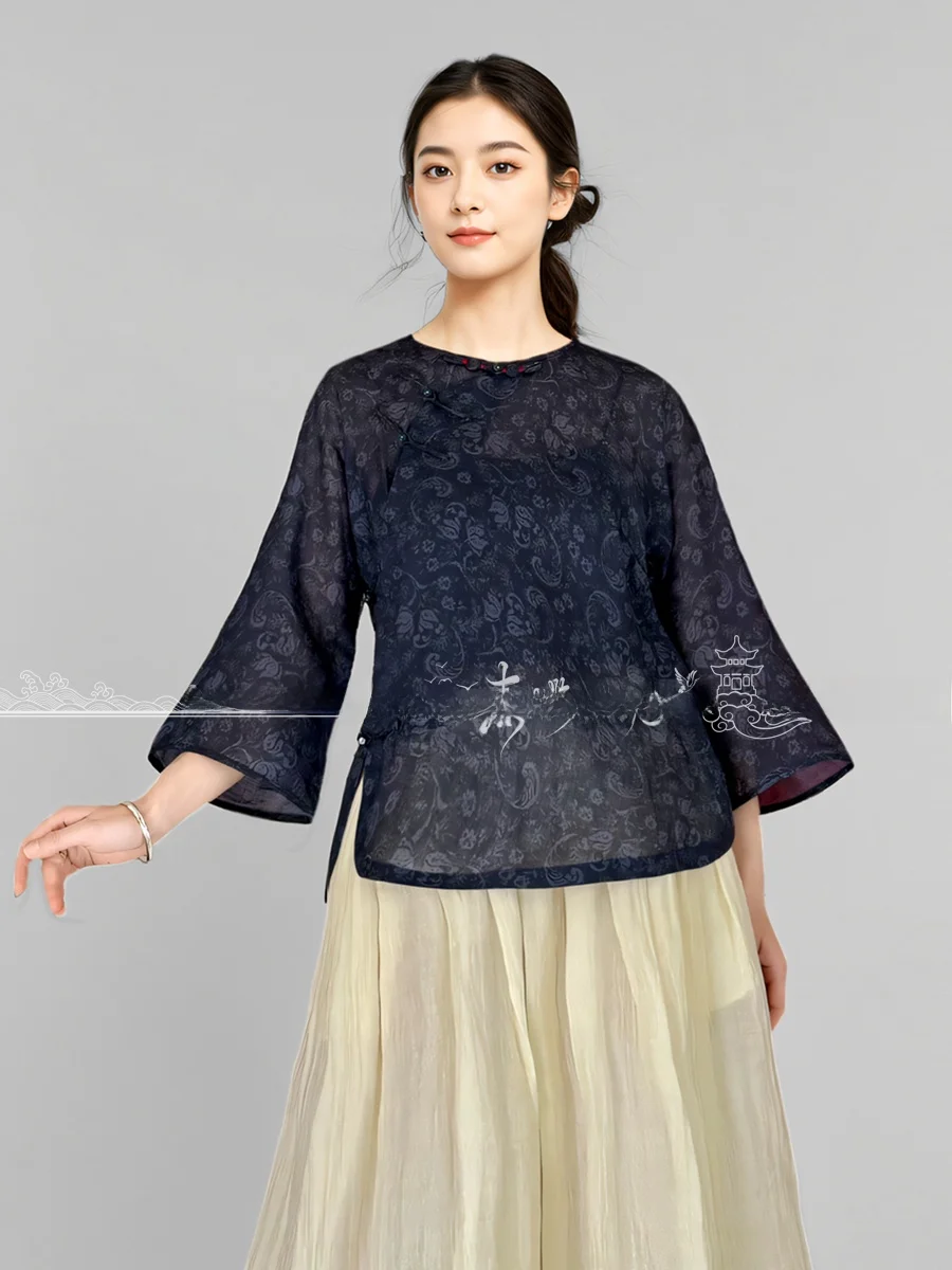 

New Vintage Chinese Sle round Ne Printed Heavy Work 00% Hemp Versatile Top Women's Faionable Ele Matching irt