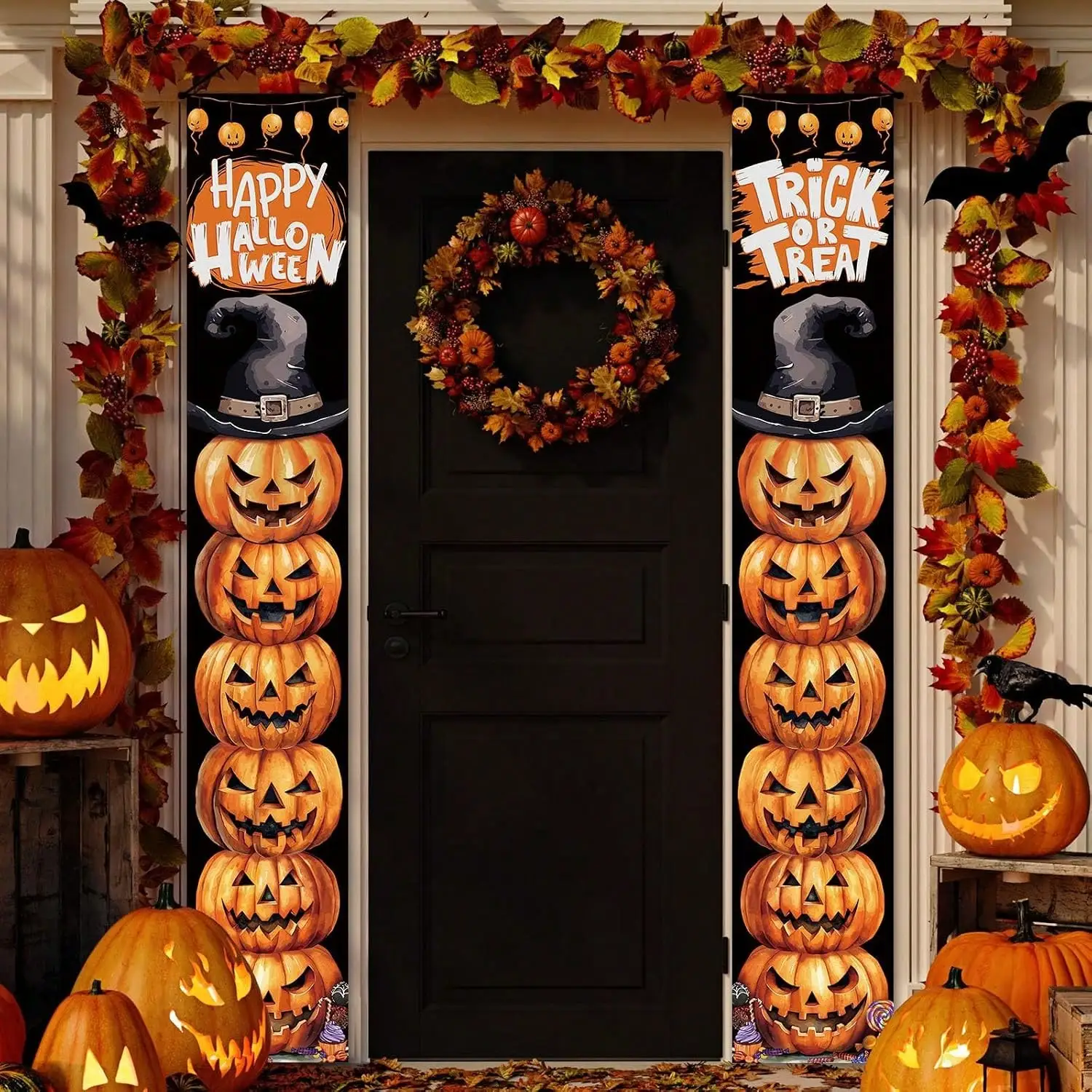 Halloween Porch Sign Halloween Pumpkin Trick Or Treat Front Door Decorations Home Indoor Outdoor Wall Party, 71 X 12 Inches