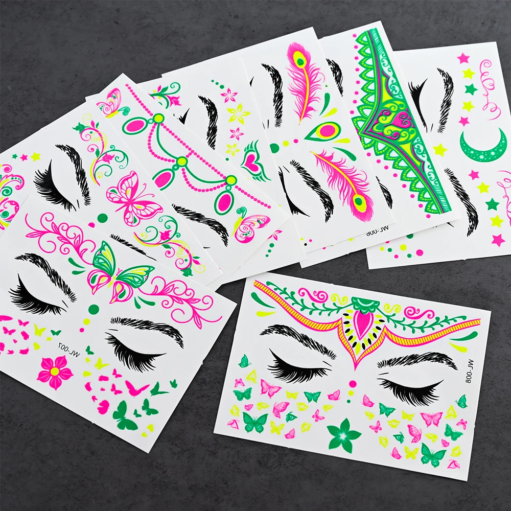 Stiker wajah Neon, 1 buah tato tubuh palsu kupu-kupu stiker tahan air Masker Festival musik Neon pesta Makeup Glitter