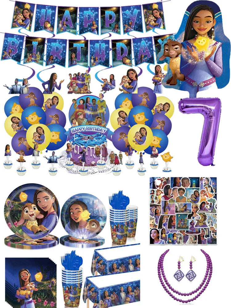 Décorations de fête d'anniversaire de souhait de dessin animé, ballons de chèvre Asha, vaisselle jetable, assiette, serviette en paille, fournitures de réception-cadeau pour bébé princesse