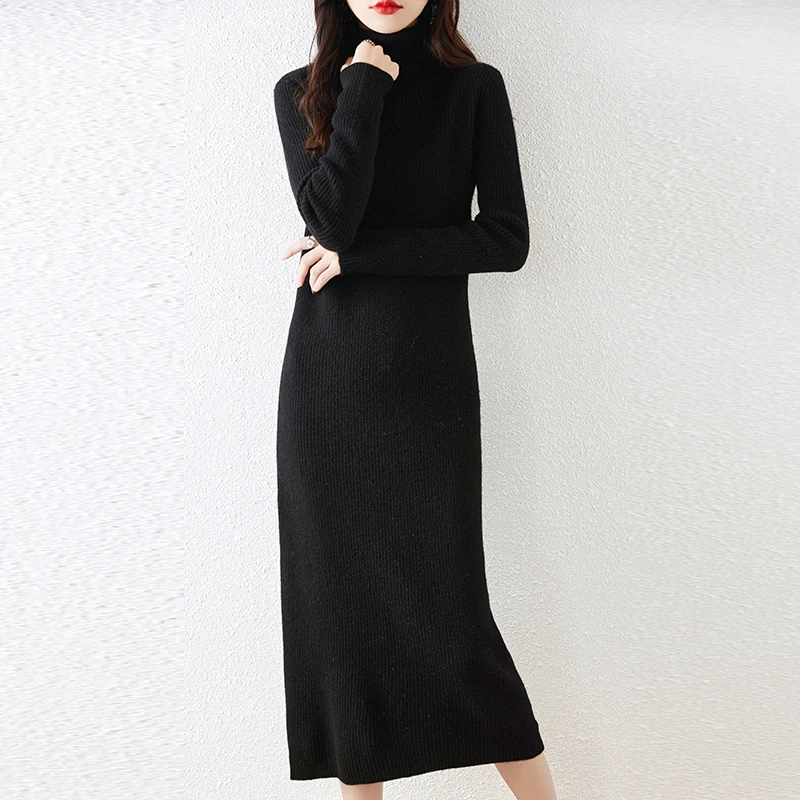 Autumn Winter New Dress Women\'s High Polo Collar Pullover 100 Pure Wool Slim Fit Long Solid Color Temperament Knitted Wool Dress