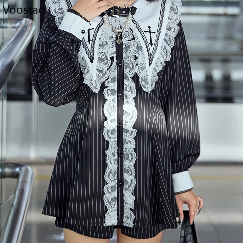 Japanese Style Gothic Y2k Lolita Striped Dress Shorts Set Sweet Women Long Sleeve Button Shirt Party Dresses Punk Mini Dress