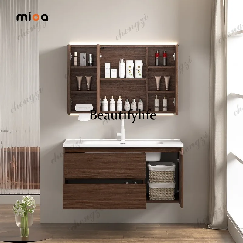 Medieval walnut all stainless steel bathroom mirror cabinet ceramic integrated basin combination waterproof wall hanging