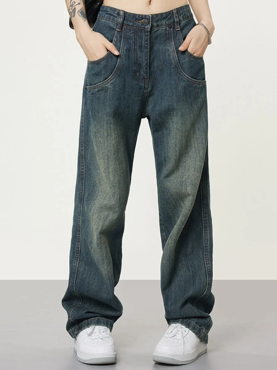 

Retro American High Street Casual Multi-ket Jeans Men's Loose Waed Vintage Blue Draped Straight Leg Trendy Jeans