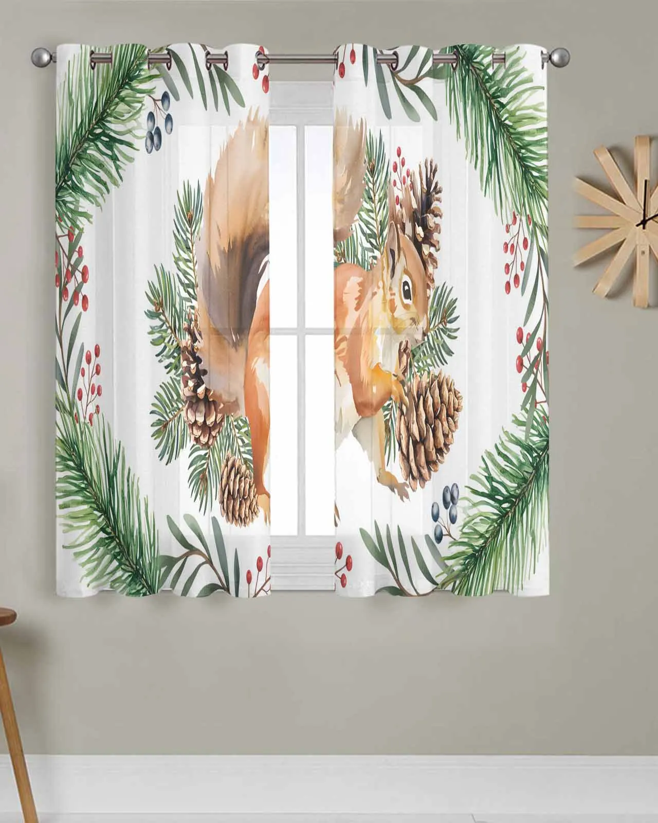 

2pcs/set Tulle Window Curtains Squirrel Pine Cone Circle for Living Room Bedroom Transparent Chiffon Sheer Voile Window Curtain