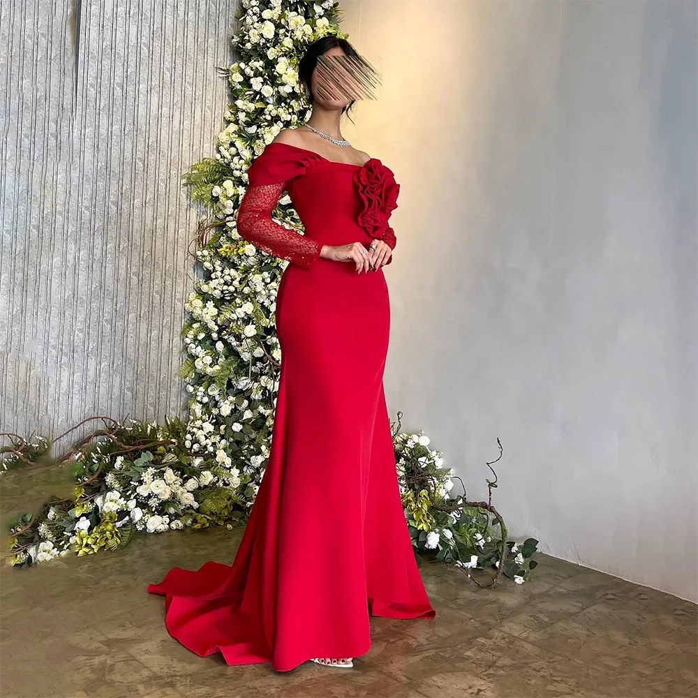 

Red Evening Dress Off The Shoulder Long Sleeves Floor Length Evening Gowns Jersey Flower Mermaid Formal Party Dresses Customized