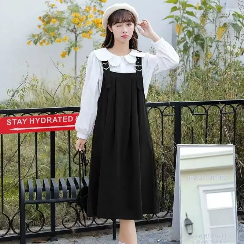 Kawaii Lolita Peter Pan Collar Shirt Sleeveless Suspender Strap ALine Dress Cute Casual Loose Outfit College Style Student Dress
