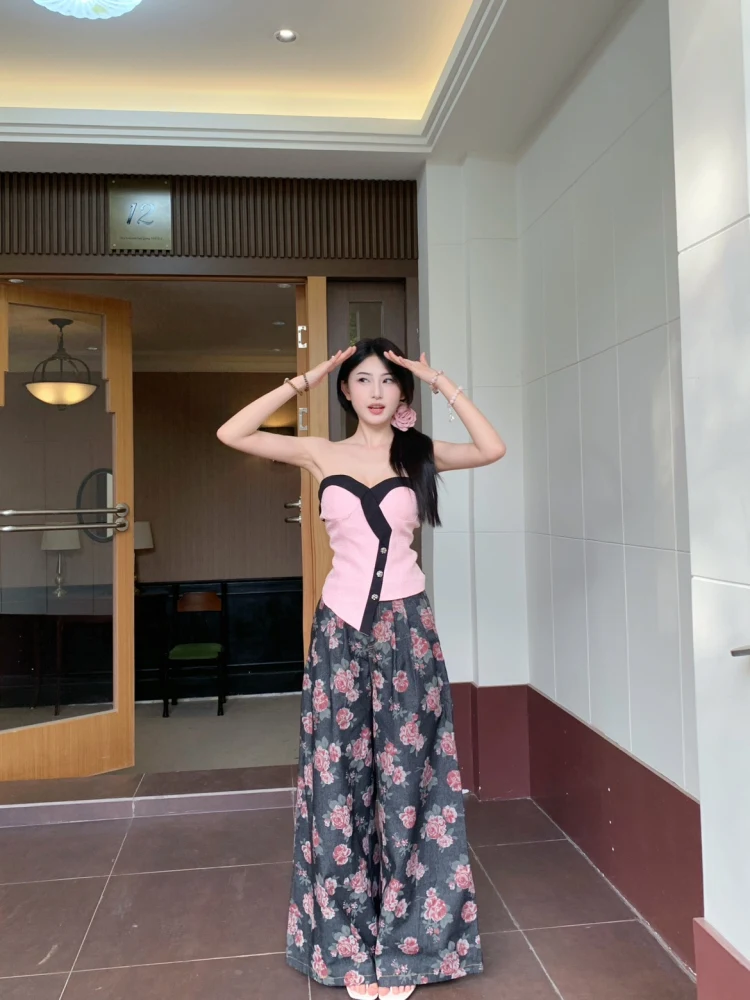 

Rose Print Heavy Work Loose Wide Leg Long Pants Women's High Waist Straight Cut Comfortable Fit Faionable Commute Sle