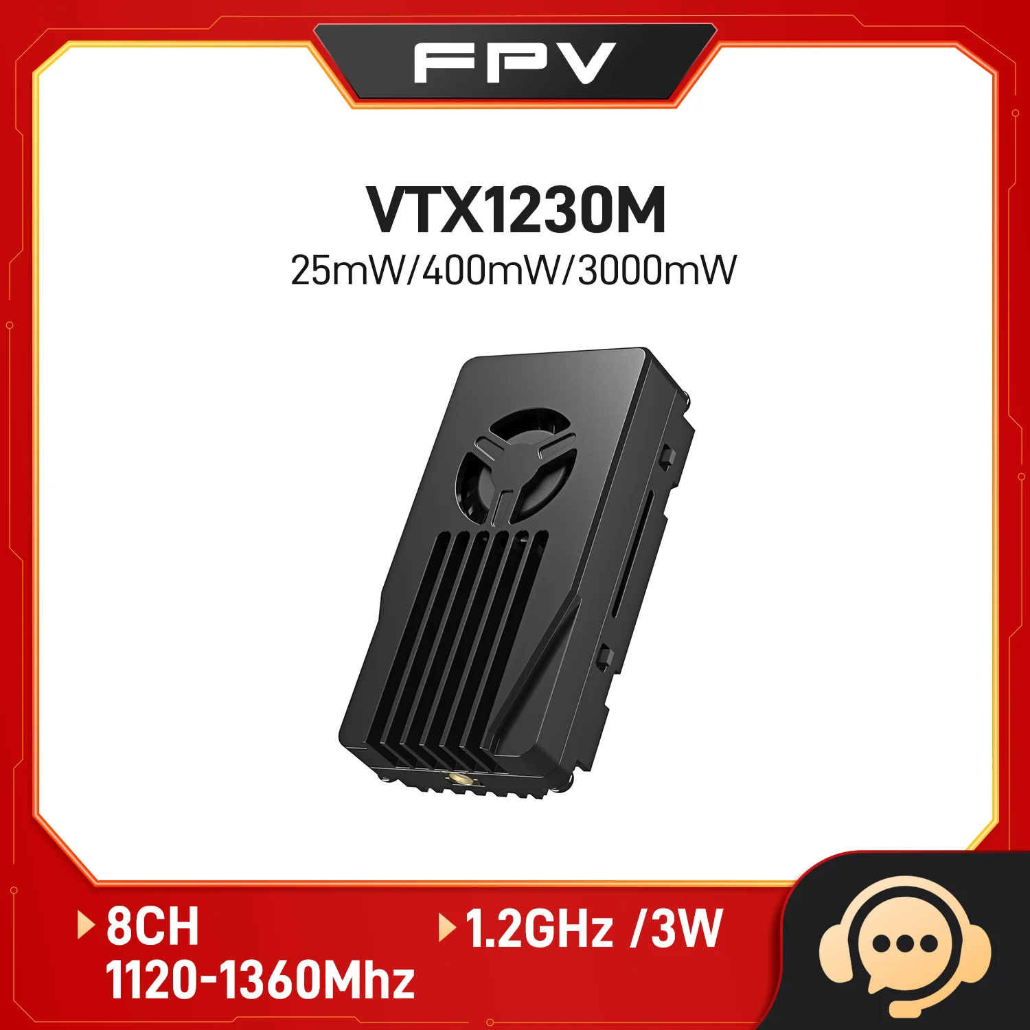 

FPV VTX 1.2GHz Video Transmitter 25mW/400mW/3W adjustable power 1120-1360MHz frequency range, 8 channels PAL/NTSC MMCX