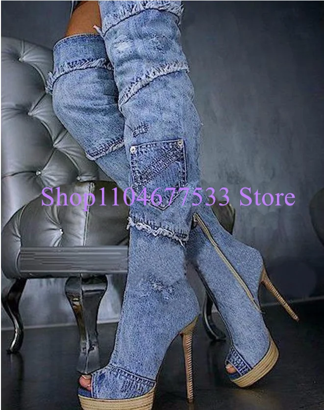 New Platform Jeans Woman Long Boots Fashion Stiletto Heel Peep Toe Denim Over the Knee Boots Lady Sexy Party Banquet Shoes