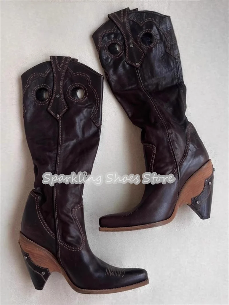 

Vintage Embroidery Rivet Wedges Mid-Calf Boots Women Hollow-Out Western Cowboys Boots Ladies High Heel Knight Boots
