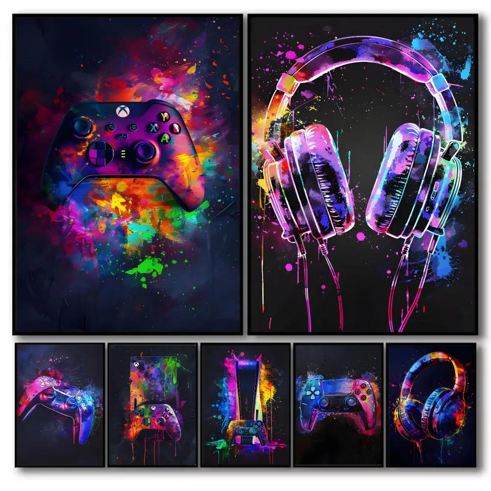 Watercolor Neon Video Game GamePad Headset Painting Calligraphy Canvas Poster Room Home Interior Wall Decoration Painting Art