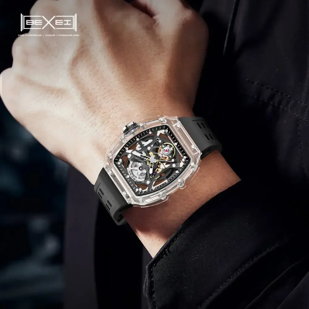 BEXEI 2025 ساعة شفافة للرجال ساعات يد ميكانيكية أوتوماتيكية ساعات هيكل عظمي مضيئة مقاومة للماء