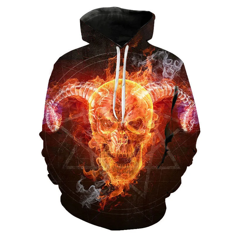 

Mens Hoodies 3D Flame Horns Skull Print Fashion Sweatshirt Men Personality Loose Sweater Hip Hop Style Hoodie Funny Hooded