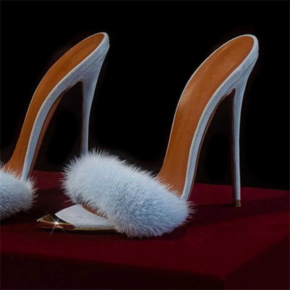 Fur Pointed Toe Stiletto Slippers 12Cm High Heels Sexy Fashion Style Summer Shoes Metal Toe Pointed Toe High Heels for Women New