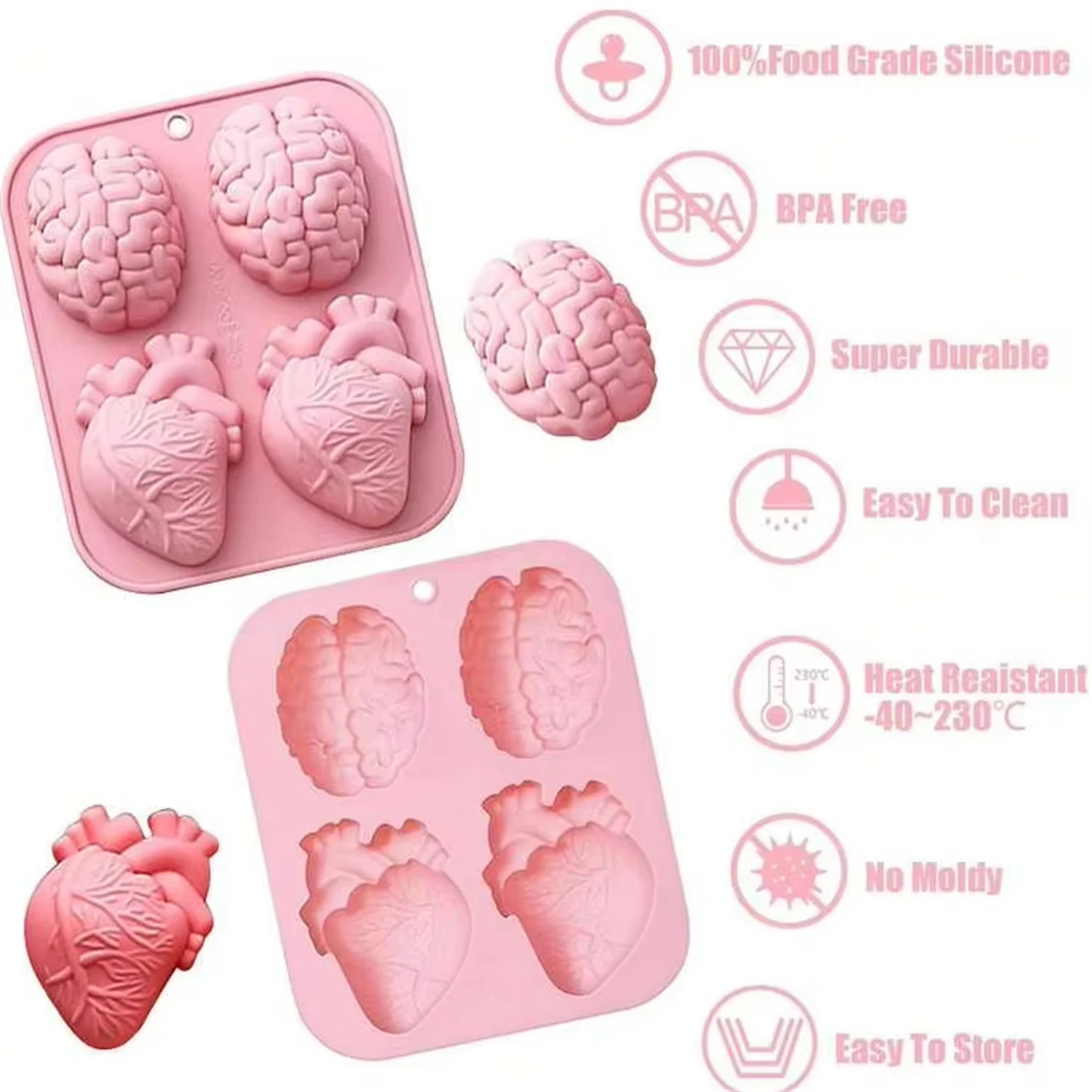 Halloween 3D Organ Shapes Silicone Cake Mold-Non-Stick Baking Tool Chocolate,Candy&Pudding,Party Dessert Supplies，Brain，heart
