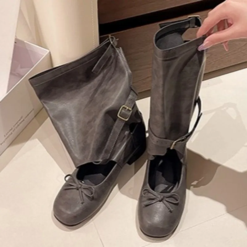 Botas planas retrô de cor sólida para mulheres, cabeça redonda, botas de vaqueiro ocidentais, desfile de moda casual, novo, outono, 2022