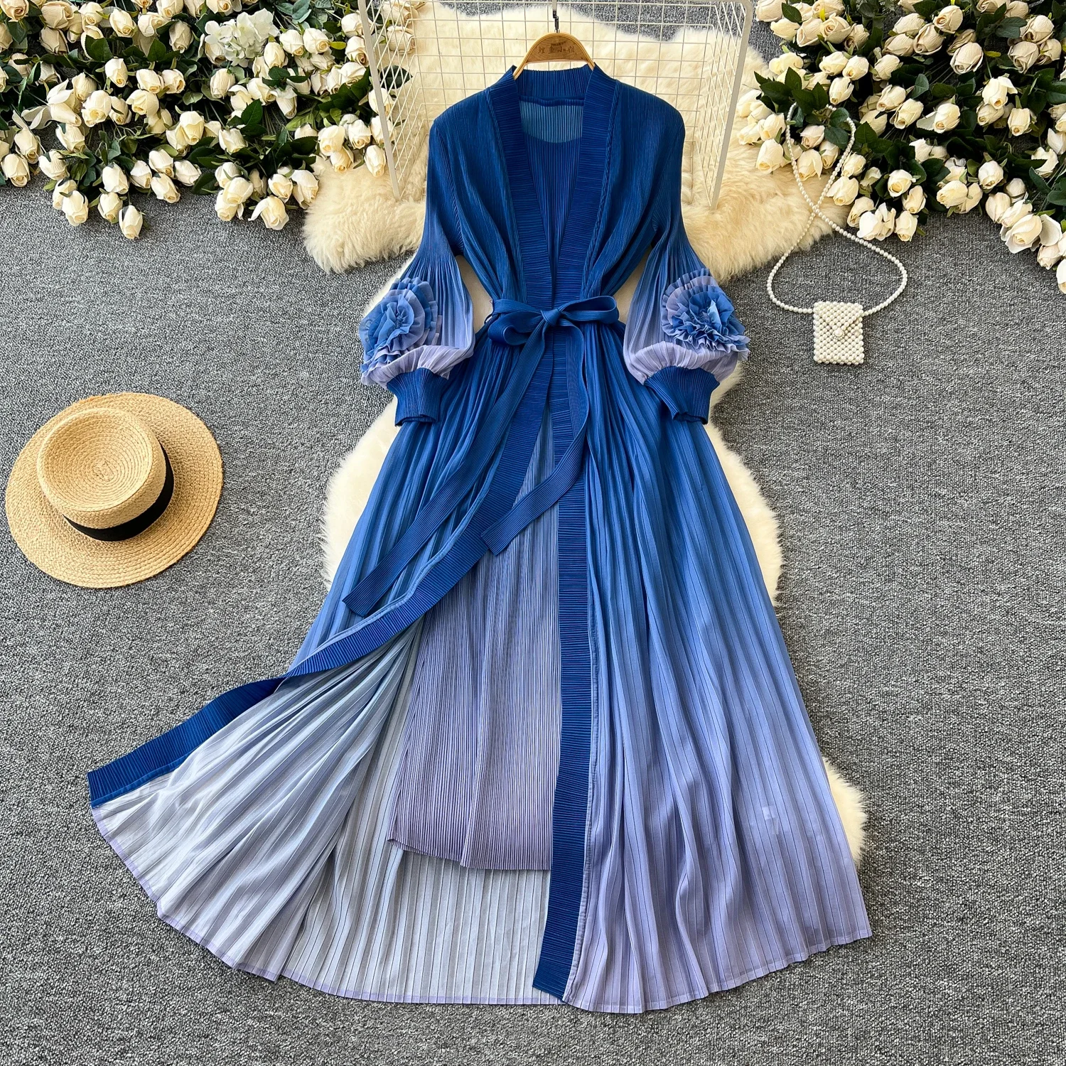 Vintage High Waist Dress Pleated Bandage Lantern Long Sleeve O Neck Dress Chic Autumn Vestidos Women Dress