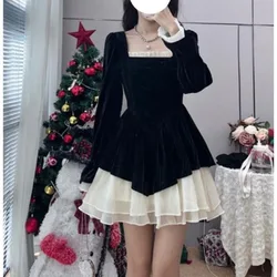 Retro Ladies 2024 Spring New Pullover Square Neck Fashion Solid Colors Folds Mesh Casual Elegant French Style Long Sleeved Dress