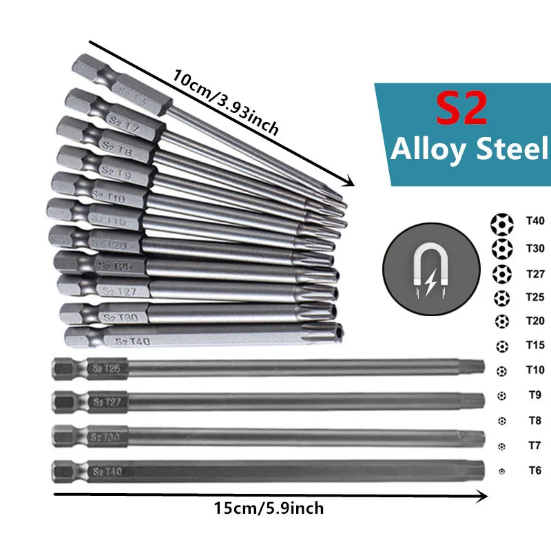 Zestaw bitów do wkrętaka Torx S2 8/11 szt. z torbą, trzpień 1/4'', sześciokątna końcówka wiertarska, 100 mm 150 mm, klucz do śrub, magnetyczny gwiazdkowy klucz ręczny