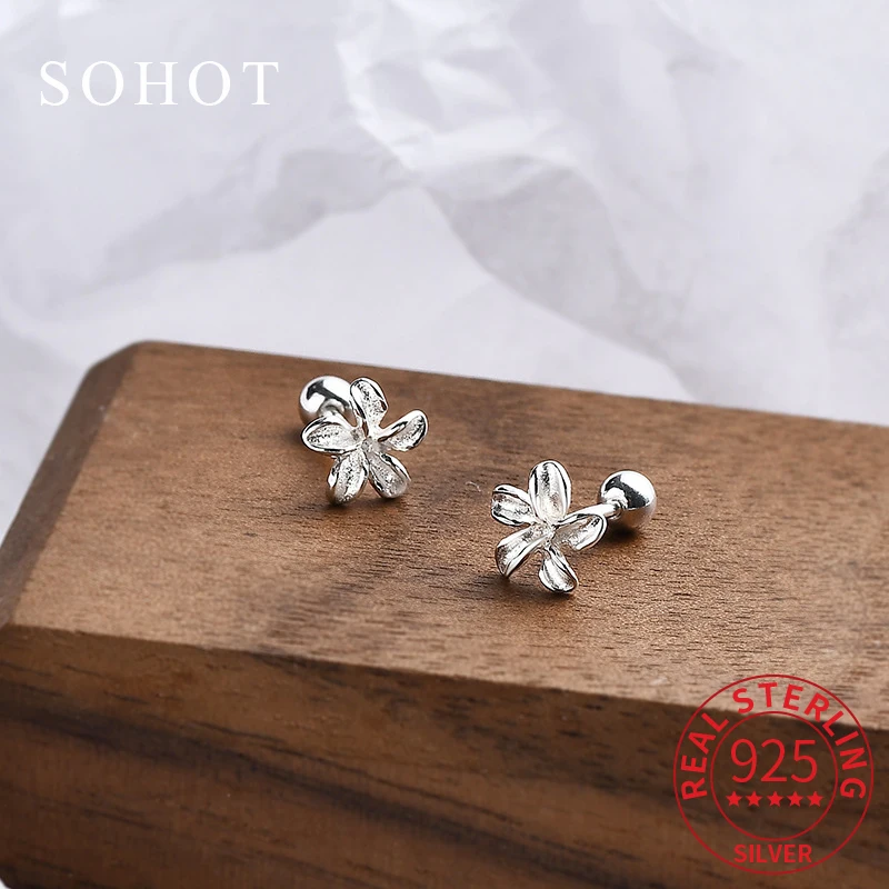 

Real 925 Sterling Silver Minimalist Flower Piercing Screw Bead Mini Stud Earrings for Women Cute Fine Jewelry Plant Accessories