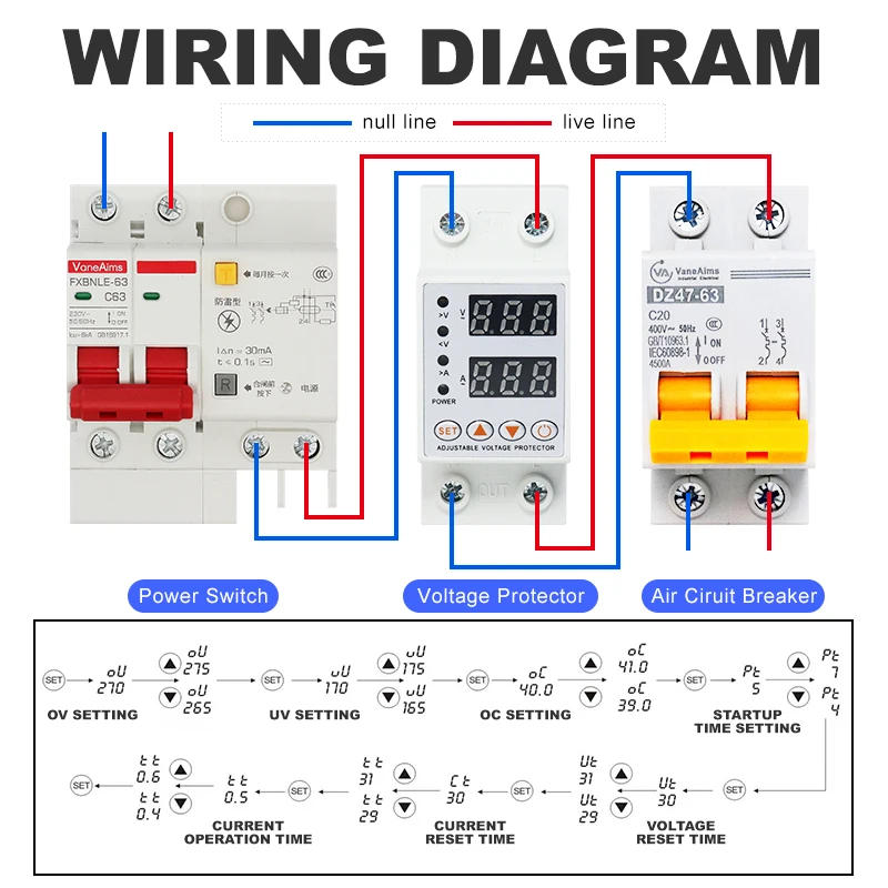 40A 63A AC 220V Din Rail Dual Display Adjustable Over Voltage Current and Under Voltage Protective Device Protector Relay