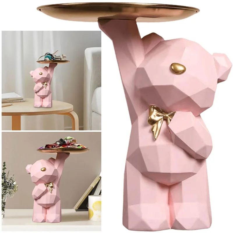 

A02F-Cute Bear Storage Tray Statue Lovely Nordic Bear Sculptures Keys Holder Geometric Bear Storage Tray For Entrance/Living