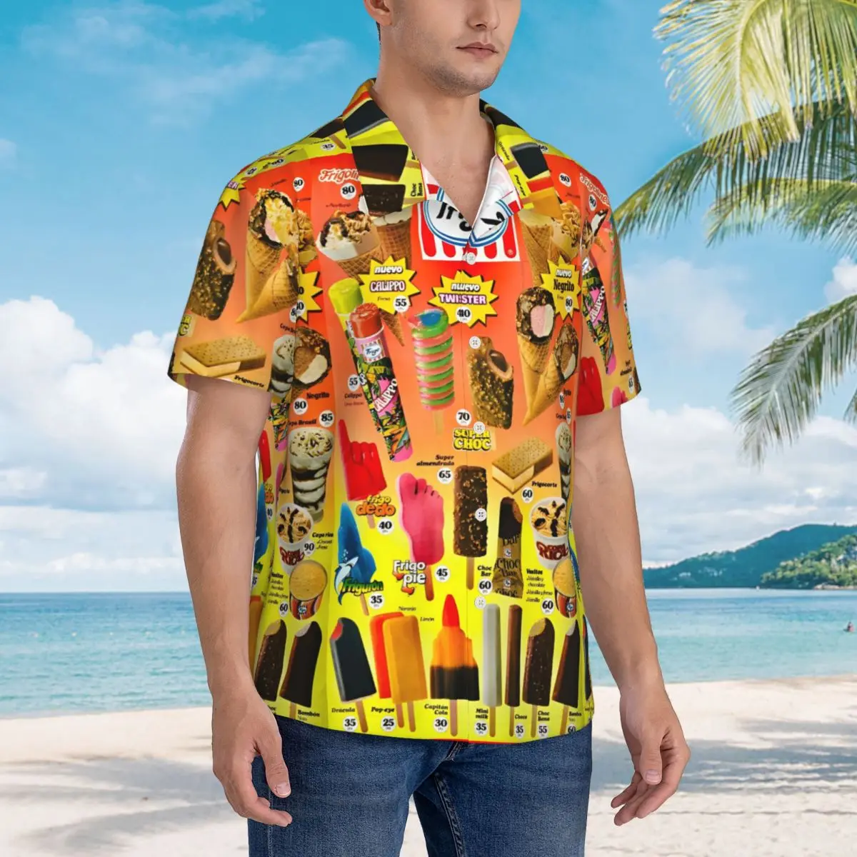 3D Print Ice Cream Hawaiian Shirt for Man Summer Beach Vocation Short Sleeve Vintage Ice-Cream Menu Button Down Shirts Beachwear